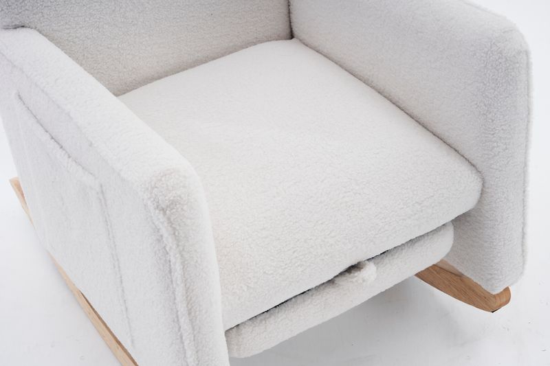 Fauteuil à bascule 044 avec pouf, fauteuil inclinable d'intérieur à dossier haut en tissu Teddy blanc pour salon_voghion.com