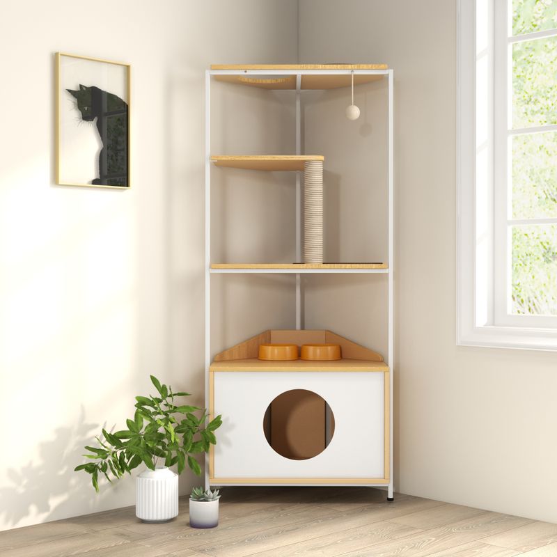 Corner Cat Tower, Cat Tree With Scratching Post, Cat Condo With Feeding Station And Climbing Platforms, Pet Furniture For Indoor Cats_voghion.com