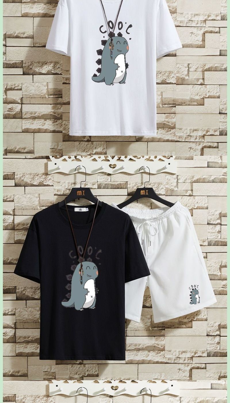 Men's Summer Hip Hop T-shirt cu mânecă scurtă cu dinozaur, pantaloni scurți largi, cu mânecă scurtă, set de două piese, 12_voghion.com