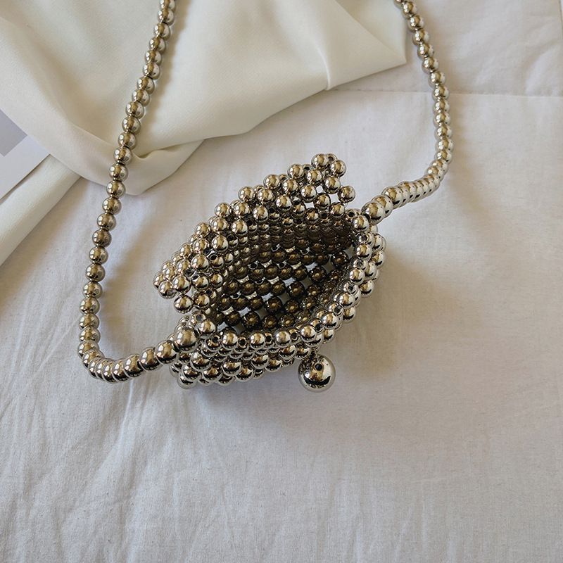 Sac bandoulière haut de gamme pour femme, argenté métallisé, perlé, simple épaule, mini, mignon, accessoire de mode d'été, petit, tendance_voghion.com