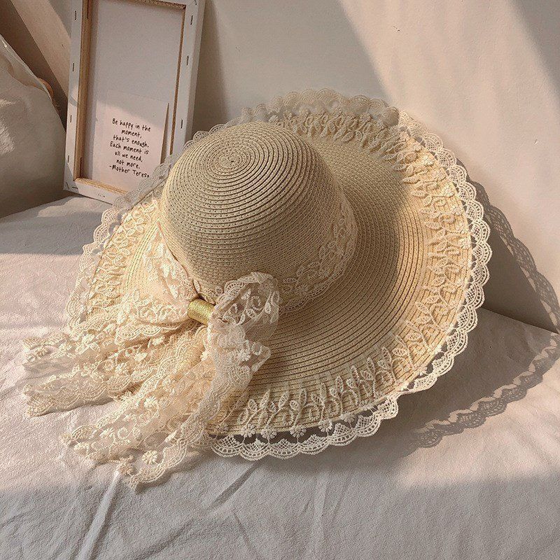 Cappello estivo in paglia con pizzo, da spiaggia, da viaggio, con protezione solare_voghion.com