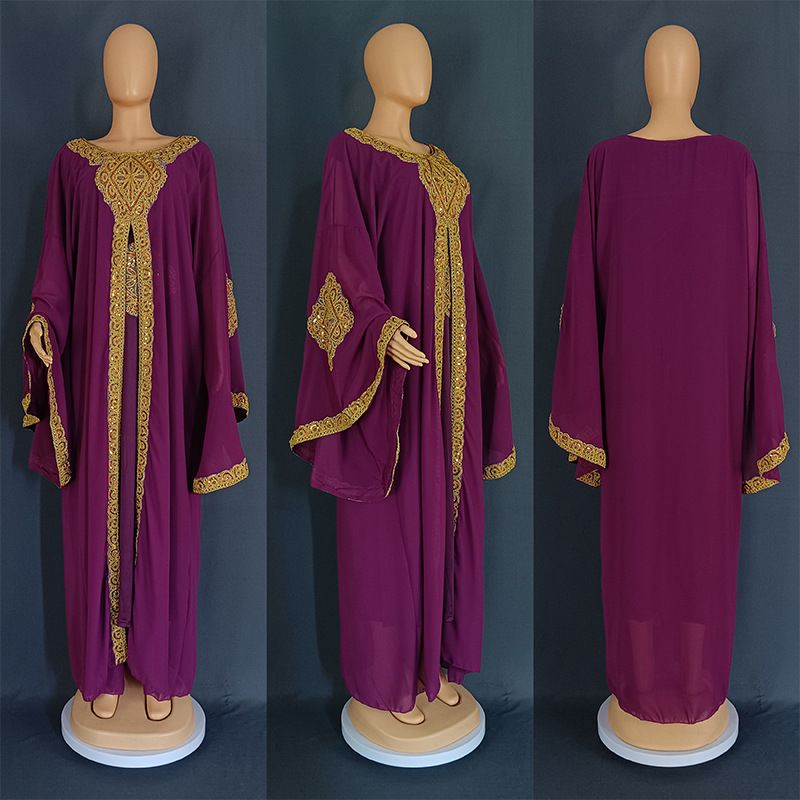 Rochie de damă Jalabiya musulmană din Orientul Mijlociu Malay cu mâneci trompetă brodate Robă brodata din dantelă aurie 8872_voghion.com