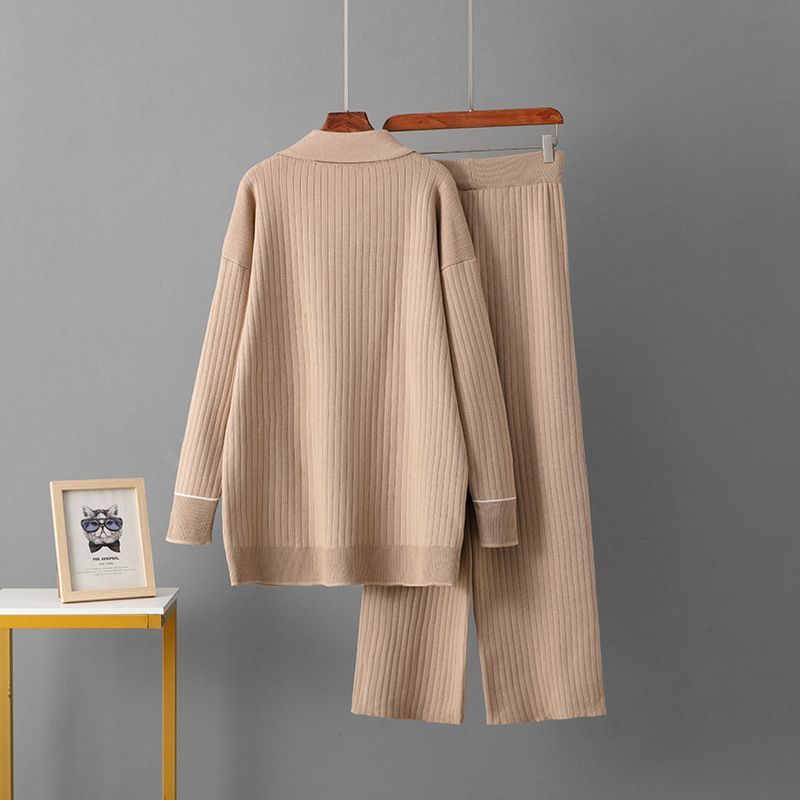 Ensemble 2 pièces en tricot surdimensionné pour femme – Cardigan boutonné sur le devant + pantalon large (noir/olive/kaki) – Ensemble en rayonne respirante pour le bureau et le salon._voghion.com