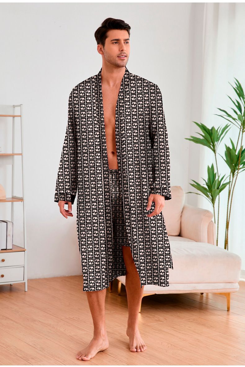 Summer And Autumn Printed Men's Nightgown Shorts Set Ice Silk Bathrobe Loungewear_voghion.com