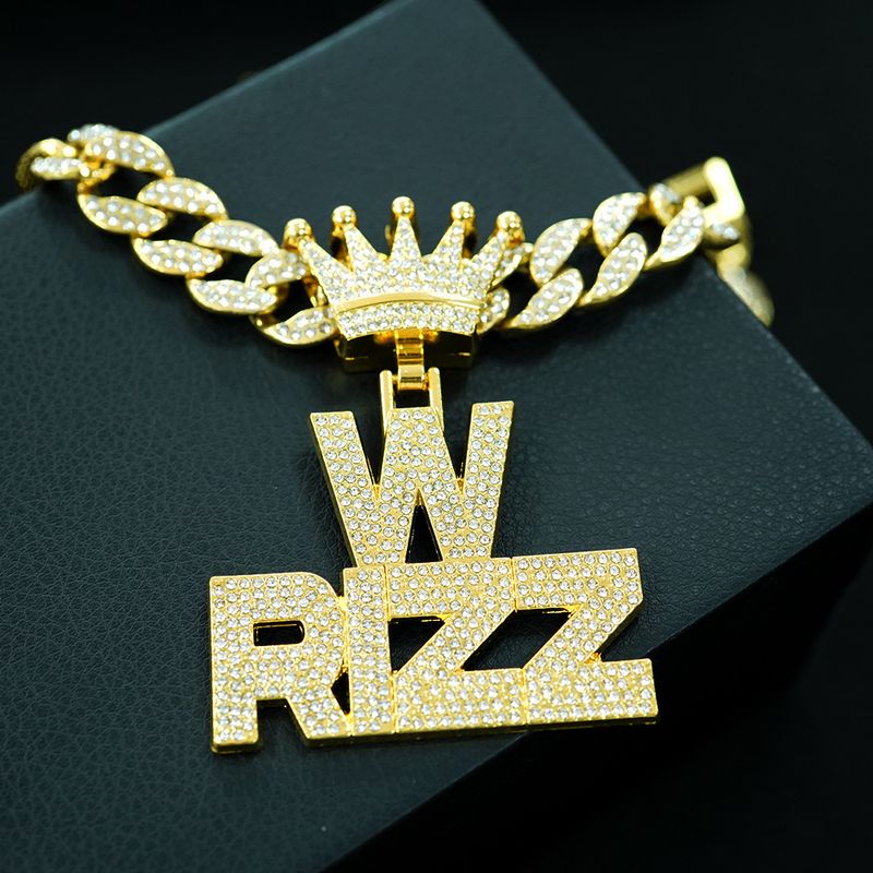 W RIZZ Full Diamond Alloy Pendant Personalized Crown Men's Hip Hop Necklace_voghion.com