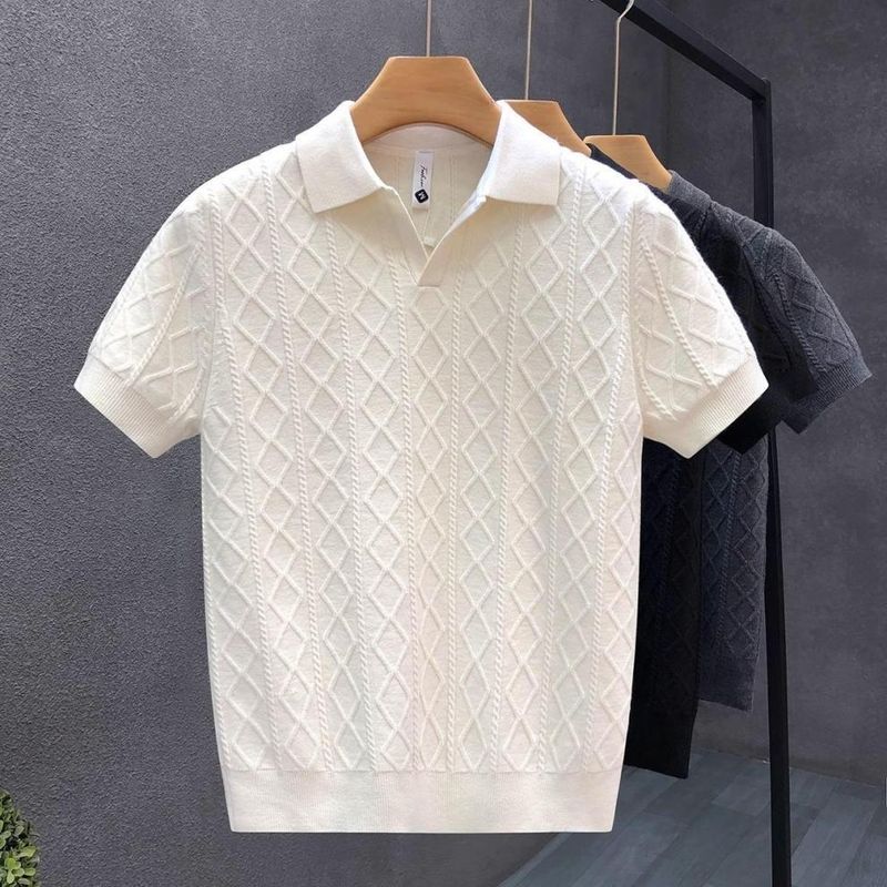 Herrenbekleidung Rautenförmiges Poloshirt aus Eisseide mit V-Ausschnitt und kurzen Ärmeln für den Sommer, leichtes, luxuriöses High-End-Business-Temperament-T-Shirt_voghion.com