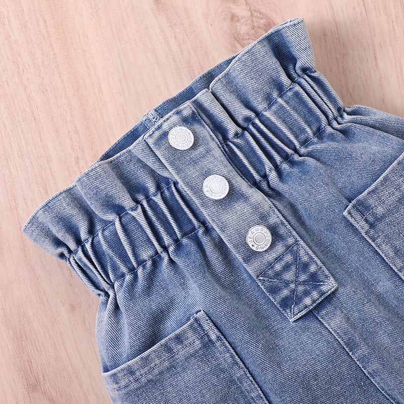 Børnetøj til piger efterår og vinter ensfarvet langærmet højhalset trøje flæsede denimbukser i to dele_voghion.com