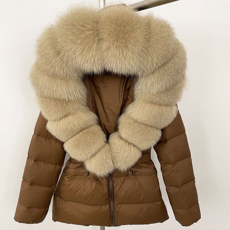 Nuovo stile caldo del commercio estero, giacca corta da donna con collo in vera pelliccia di volpe, giacca in piumino con vita sottile e spessa_voghion.com