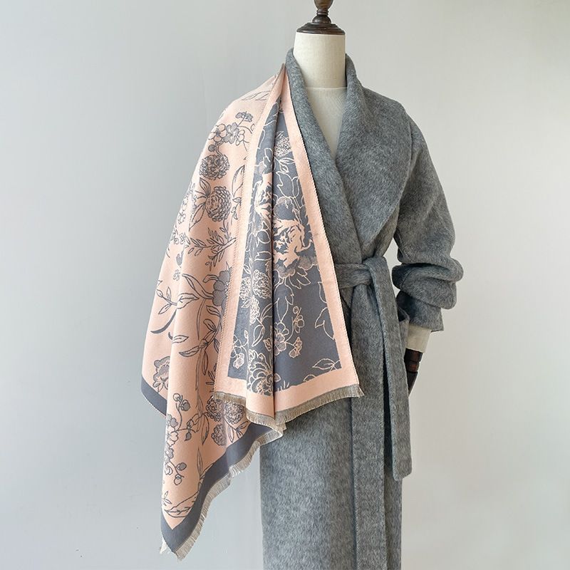 Sciarpa calda da donna in cashmere con motivo floreale versatile autunnale e invernale, stile Hong Kong, alla moda, con barba corta_voghion.com