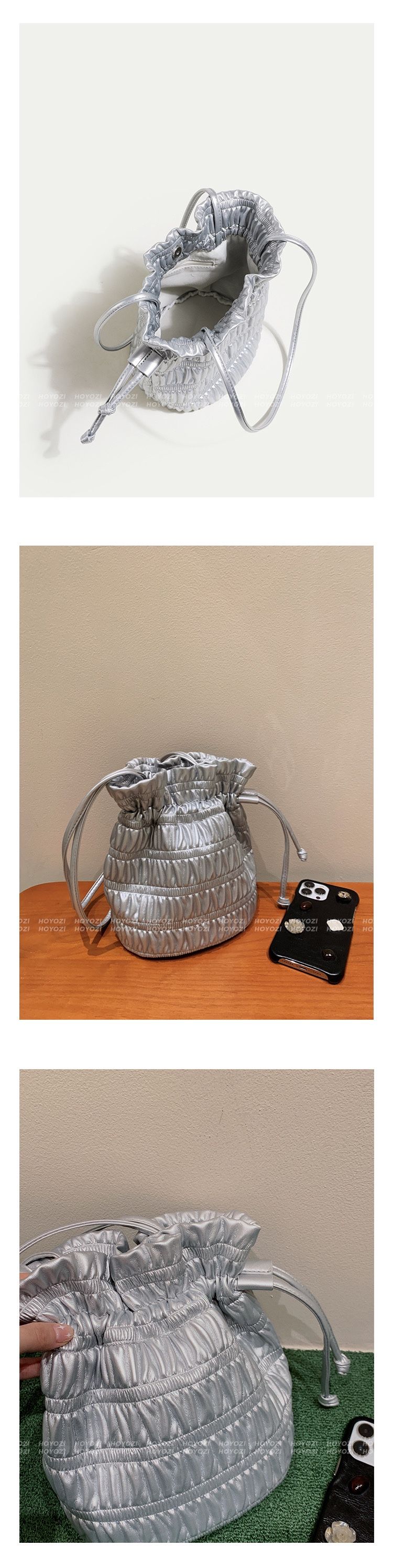 Bag Korean bucket niche design bag, fashionable pleated soft leather drawstring, one shoulder, gentle silver underarm_voghion.com