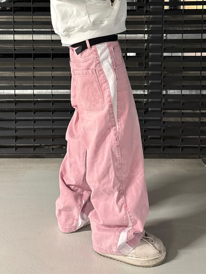 Men's Clothing New Style Splicing Spring And Summer Trend High Street Retro Washed Distressed Light Blue Slim Wide Leg Denim Men's Pants_voghion.com