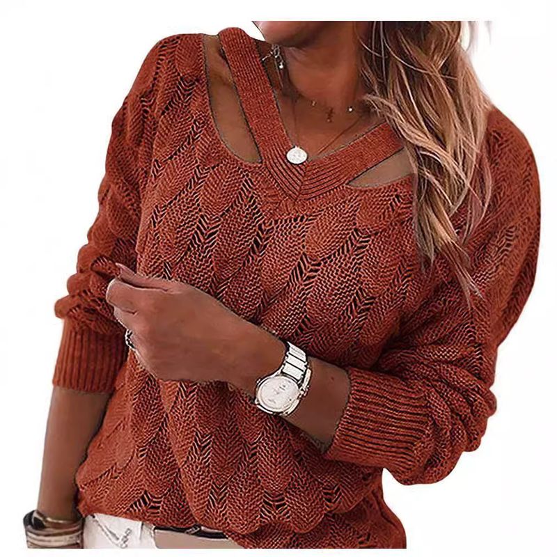 Maglione lavorato a maglia con scollo a V e spalle scoperte, nuovo modello 2025, da donna, autunno inverno_voghion.com