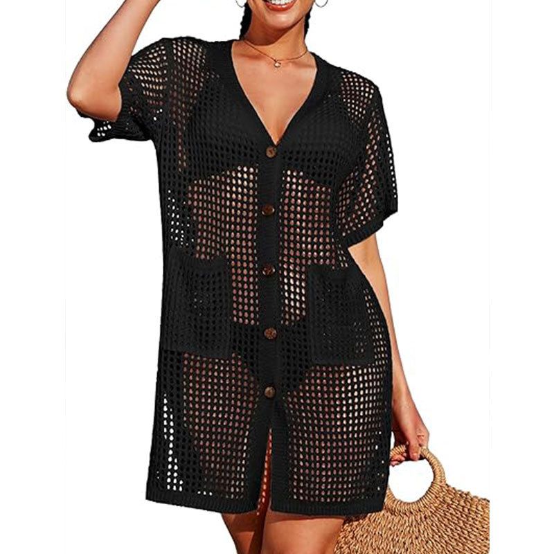 Strandüberzug aus Spitze und Strick mit kurzen Ärmeln für Damen – leichtes, sonnenschützendes Bademoden-Überkleid für Urlaub, Pool und Sommerausflüge_voghion.com