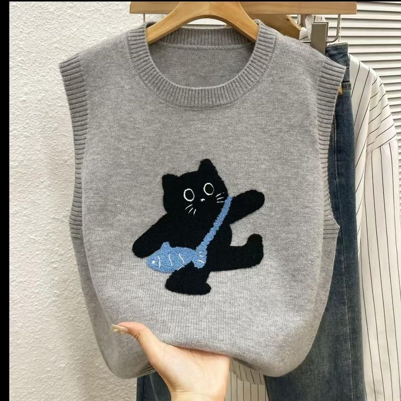 Maglione autunnale carino che riduce l'età, gilet, ricamo classico da donna, moda gattino, interno versatile, Majiaqiu_voghion.com