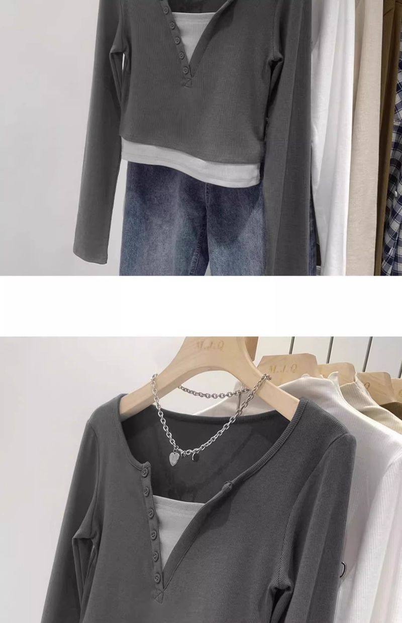 Korte gestalte color blocking korte top twee V-hals lange mouwen T-shirts voor dames herfst Amerikaanse slim fit pittig_voghion.com