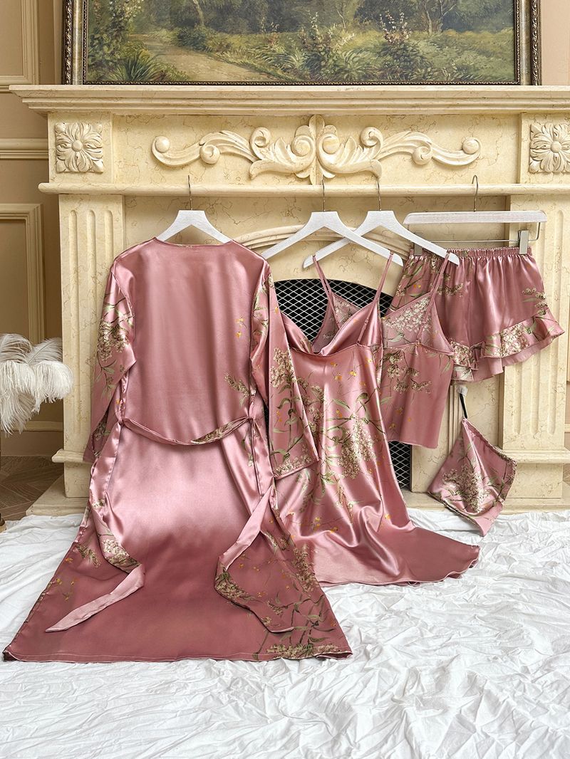 Women's Sleepwears Simple Five Piece Home Wear Set, Printed Cherry Pajamas For Women, Thin Nightgown, Suspenders, Shorts, Suspender Skirt Set_voghion.com