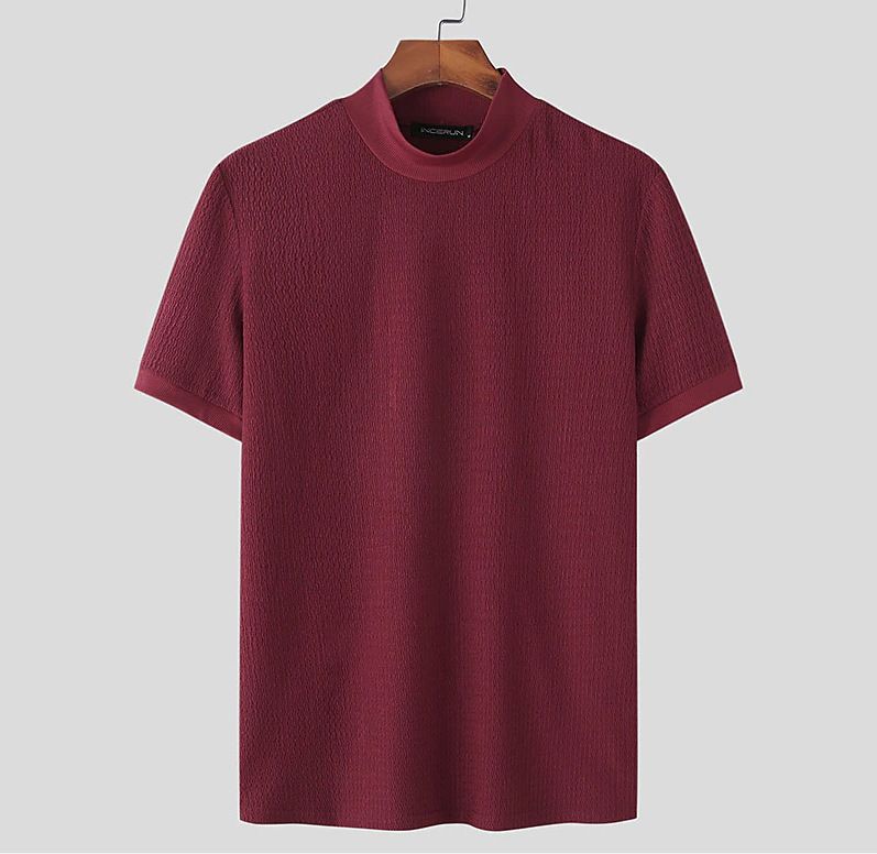 Unbeatable Quality 2024 Summer New Casual Simple Knitted Bottom Shirt For Men's High Collar Water Wave Solid Color T-shirt_voghion.com