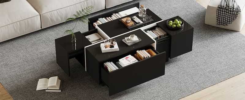 Table basse carrée noire moderne 100 x 60 x 40 cm, finition patchwork brillante, 4 tiroirs et plateau coulissant, supporte jusqu'à 30 kg._voghion.com