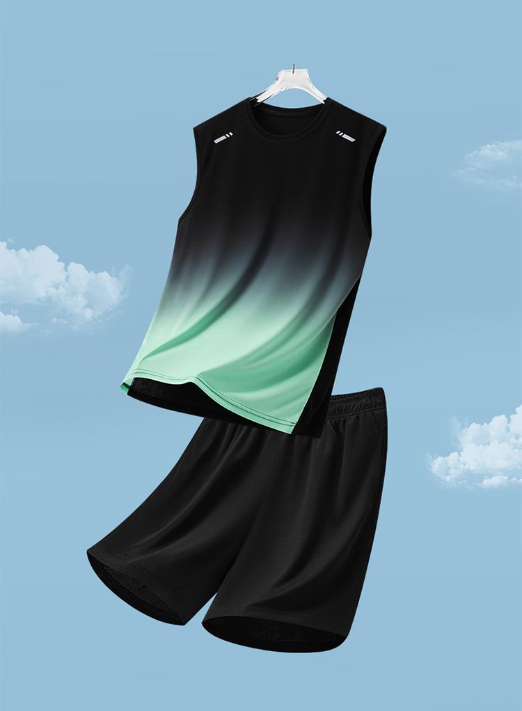 Sportanzug Herren Sommer Herren Freizeitanzug Bedruckter Farbverlauf Lockerer Zweiteiliger Anzug Atmungsaktiv Schnelltrocknende Weste Shorts Herren_voghion.com