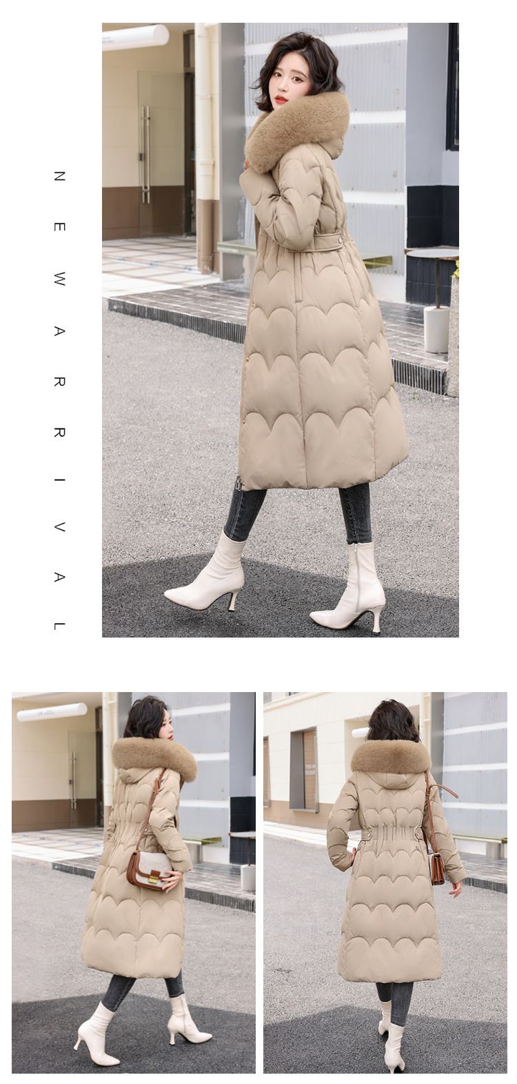 Cappotto lungo imbottito da donna con cappuccio di pelliccia staccabile, parka invernale oversize, giacca calda a trapezio per uno stile casual (disponibile in beige, kaki)_voghion.com