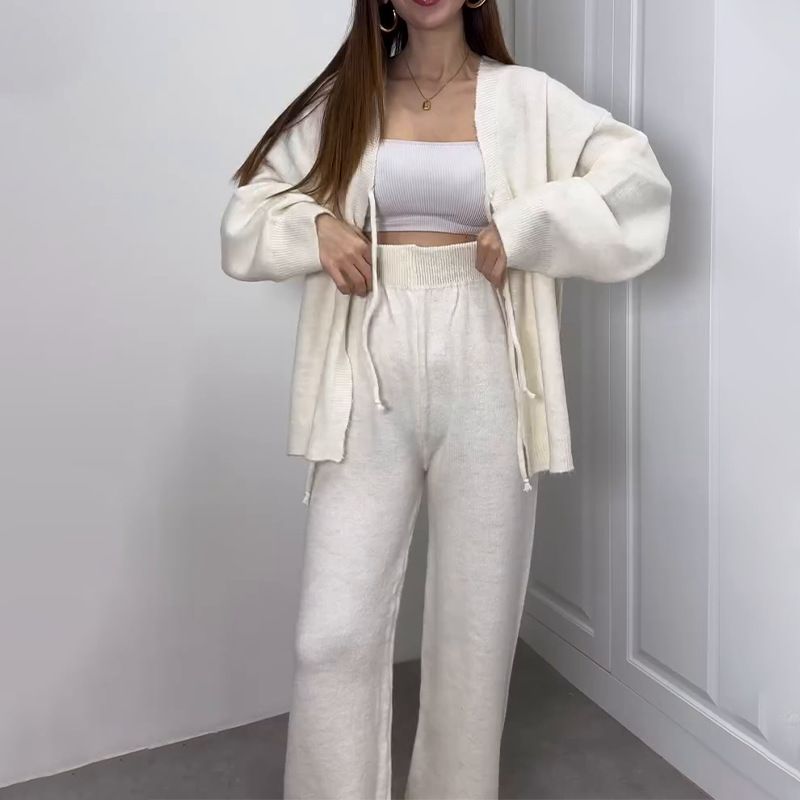 Lässiges, elegantes Outfit-Set für Damen – Strickjacke mit V-Ausschnitt und hoch taillierte Hose mit weitem Bein (7 Farben, Übergrößen geeignet)_voghion.com