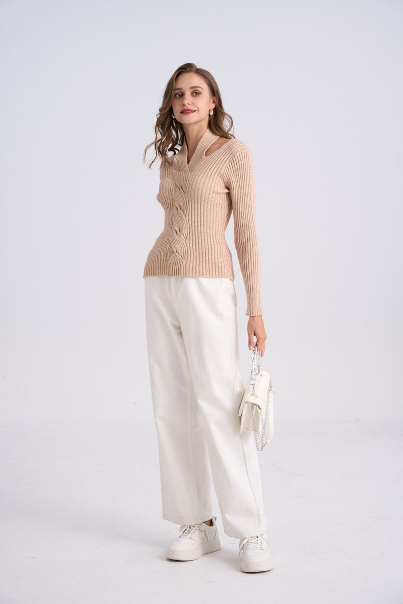 Maglione a trecce con scollo a V, collo all'americana, a coste, a maniche lunghe, per donna, vestibilità slim, irregolare esposto_voghion.com
