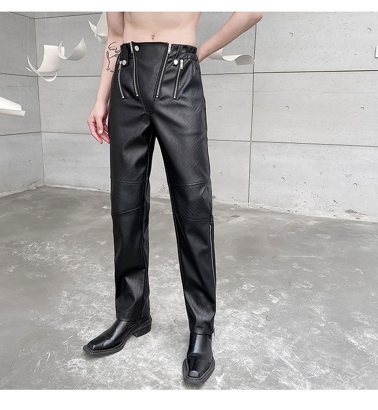 Pánské oblečení kožené kalhoty s kovovým zipem, designové kalhoty, pouliční smažené, nika, osobnost, rovné kalhoty_voghion.com