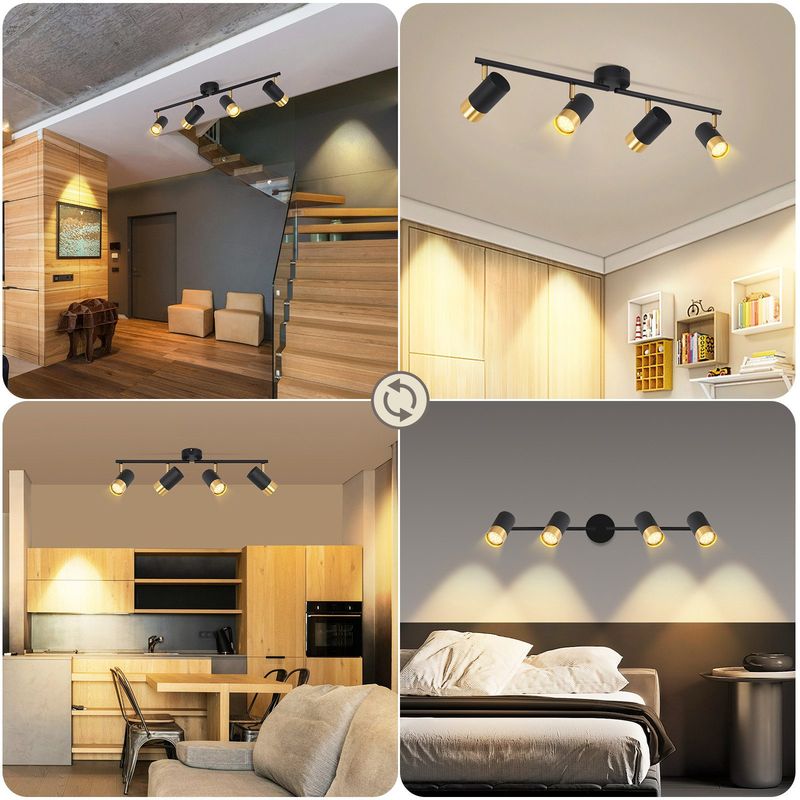 Glitzerlife Deckenstrahler 4 Flammig Deckenleuchte Vintage - GU10 Retro Deckenspots Schwarzgold Wandstrahler 350° Drehbar Strahler Für Küche Wohnzimmer Bar Flur_voghion.com