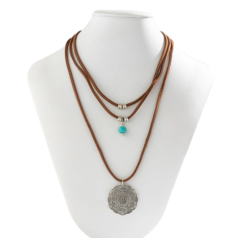 PuRui Bohemia Multilayer Brown Rope Necklace With Geometric Pendant Natural Stone Beads Choker for Women Jewelry Girls_voghion.com