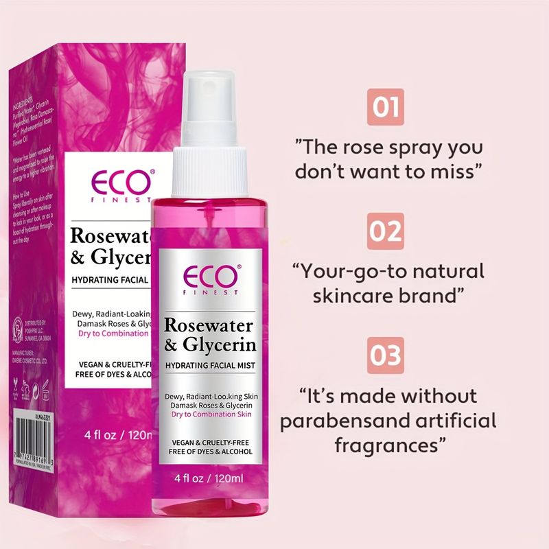 Rosenvatten och glycerin 2-pack, återfuktande ansiktsmist för torr kombinerad hud, rosenvattenspray för ansiktet med vegetabilisk glycerin, tillverkad utan färgämne_voghion.com
