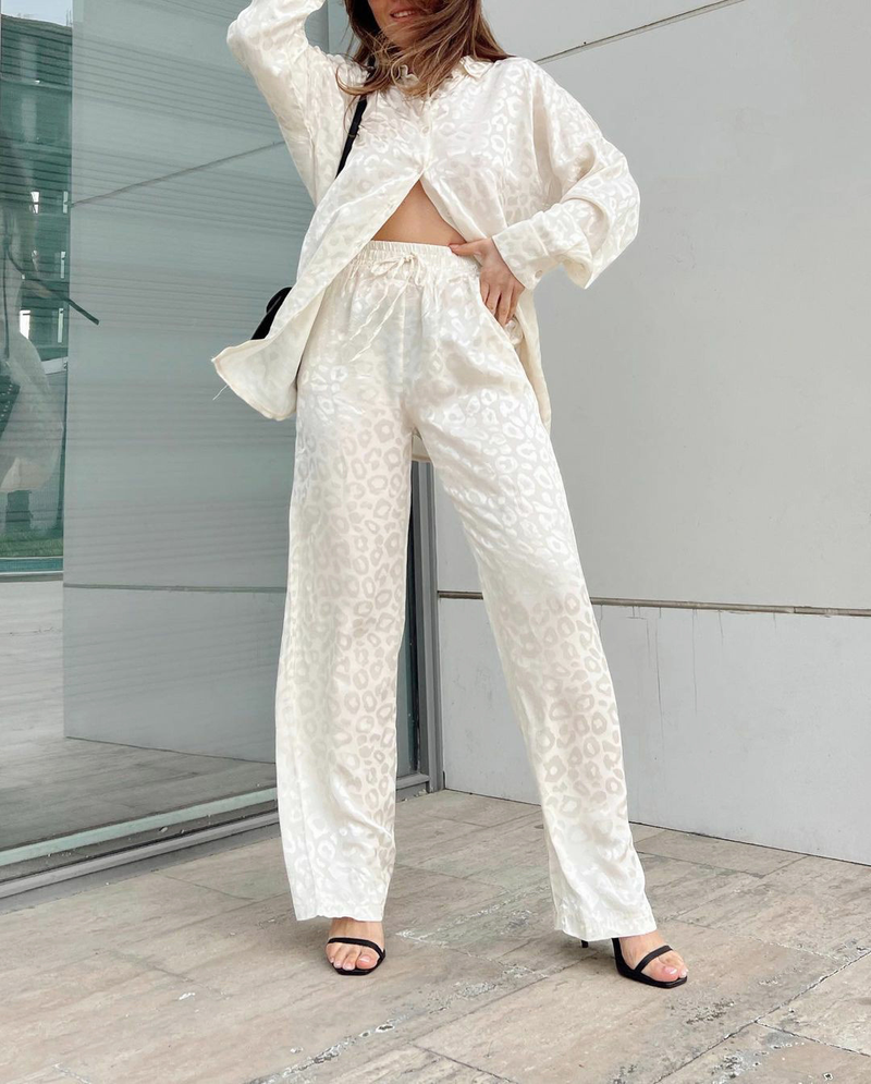 Chemise à manches longues imprimée léopard, avec taille élastique et pantalon ample, ensemble deux pièces, début d'automne_voghion.com
