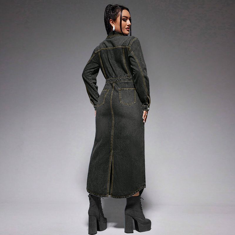 Damenbekleidung Reversknopf Langarm Schlitz Neues langes Denim-Kleid_voghion.com