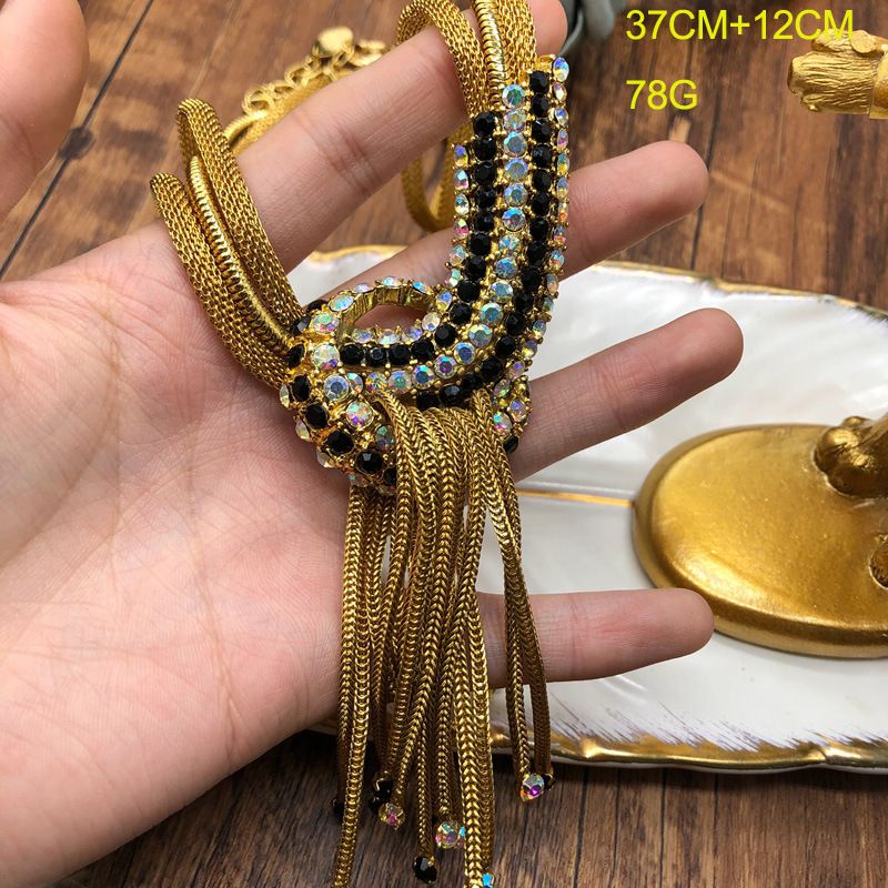 Vintage necklace earrings set multi-strand chain studded with diamond knotted tassels sweater chain earrings_voghion.com