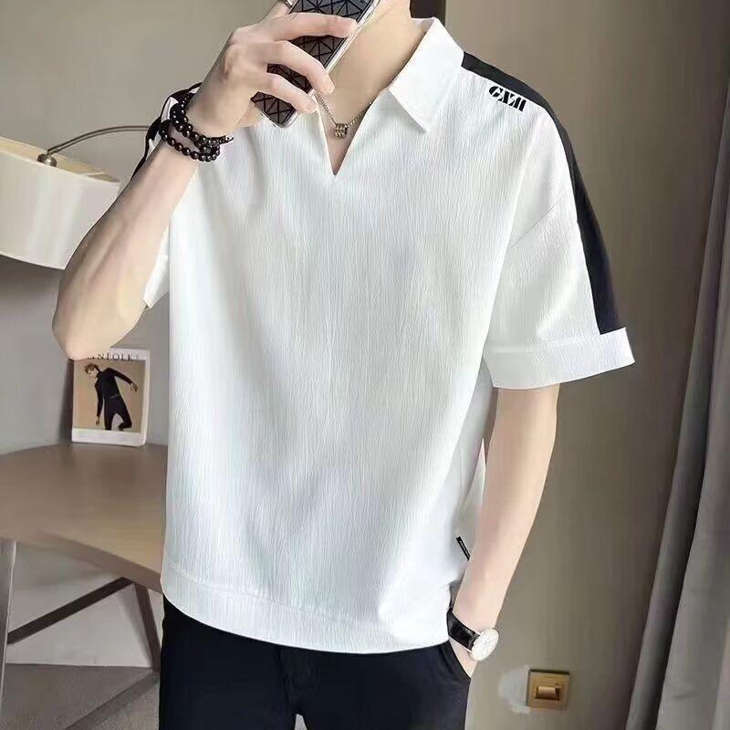 Men’s Korean Streetwear Polo Shirt – Short Sleeve, Loose Fit, Embroidered Collar, Casual & Trendy (M-3XL, Black/White)_voghion.com