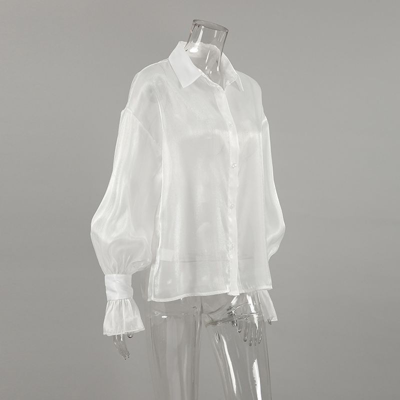 Camicetta in chiffon bianco trasparente con bordo in pizzo floreale e orlo a peplo - Top sexy da ufficio e da sera per donna, primavera/estate_voghion.com