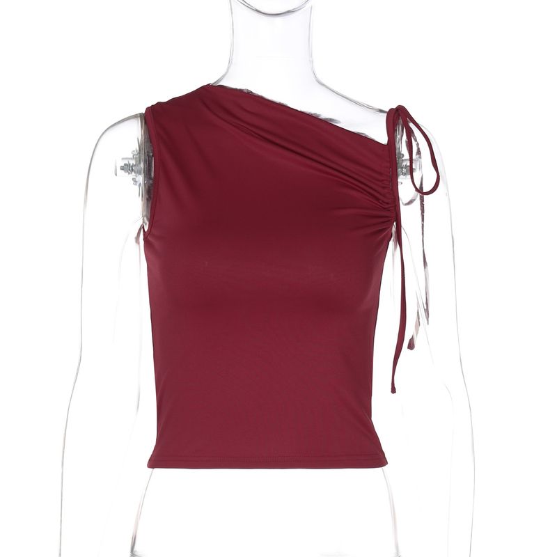 Women's Clothing Winter New Fashion Personality Oblique Collar Drawstring Sleeveless Pleated Belly Button Top_voghion.com