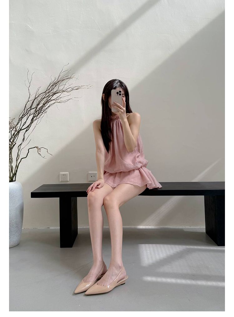 Lancui Nude Wedge Half Slippers For Women Summer Outdoor Patent Leather Chunky Heel Closed Toe Sandals Slim Pointed High_voghion.com