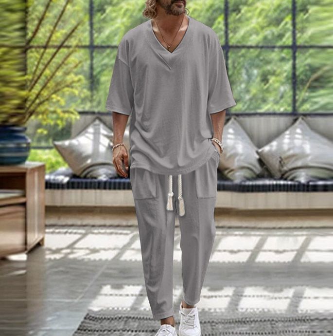 Spring Autumn Men's Clothing Cotton And Linen V-Neck T-Shirt Casual Short-Sleeved Long Pants Beach Suit_voghion.com