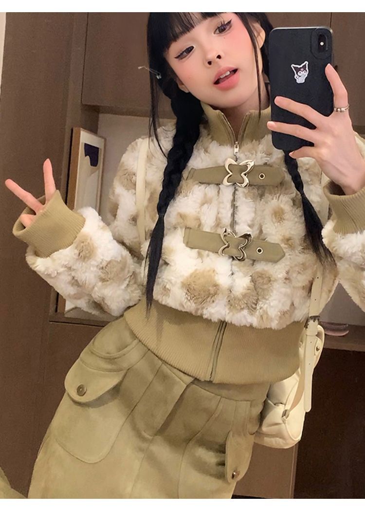 Mustard Sweetheart Autumn Winter High Waist Plush Leather Button Coat Sleeve Top Half Long Skirt Two-Piece Set_voghion.com