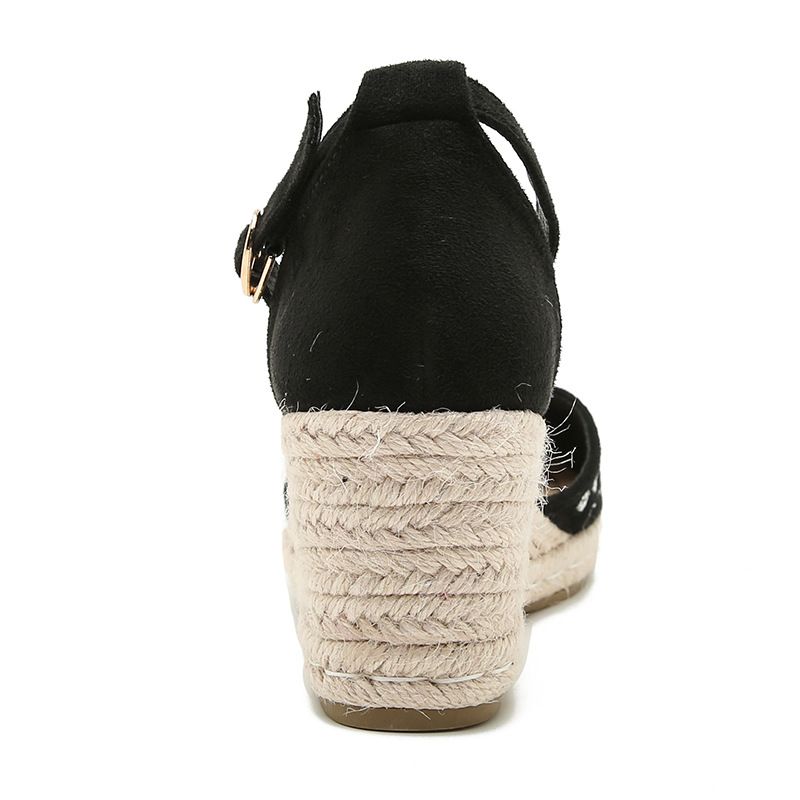 Keilsandalen für Damen, Seilkante, Schnalle, Muffin-Absatz, runde Zehenpartie, geschlossene Zehenpartie, Ethno-Stil_voghion.com