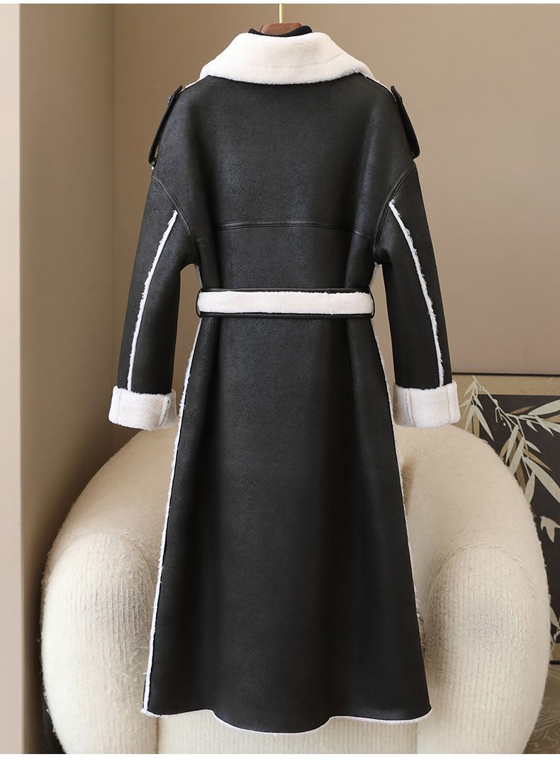 Women's Long Wool Blend Trench Coat With Contrast Color Detailing - Elegant Belted Office Wear For Spring & Autumn_voghion.com