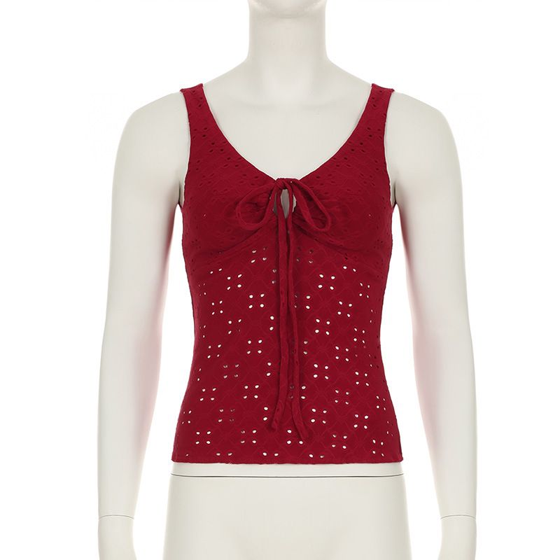 Damenbekleidung INS Style Hohltextur Kordelzug Schleife Hosenträger Hot Girl Sexy V-Ausschnitt Abnehmen Weste_voghion.com