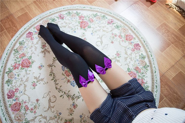 Aksamitne pończochy kokarda kuszące damskie zabawne pończochy japońskie słodkie podkolanówki hurtowo_voghion.com