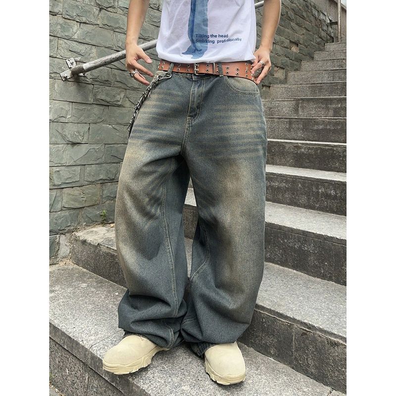 Men's Clothing Spring And Autumn Washed Old Design Jeans Loose Floor Mopping Wide Leg Long Pants_voghion.com