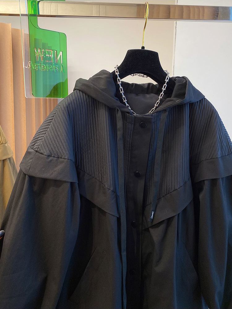 2023 herbst Frau Patchwork Übergroßen Mantel Mit Kapuze Mode Koreanische Streetwear Casual Khaki Schwarz frauen Windjacke Mantel_voghion.com