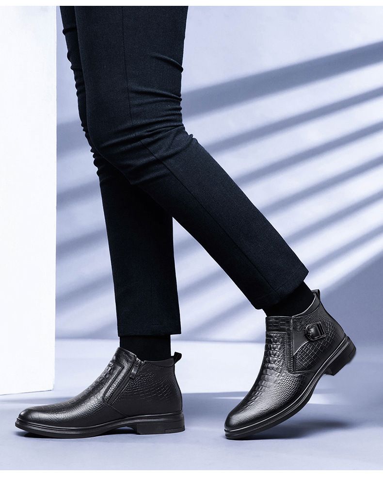 Men's Embossed Crocodile Chelsea Boots Pointed Middle Top Short Boots Wind Martin Boots Men's_voghion.com