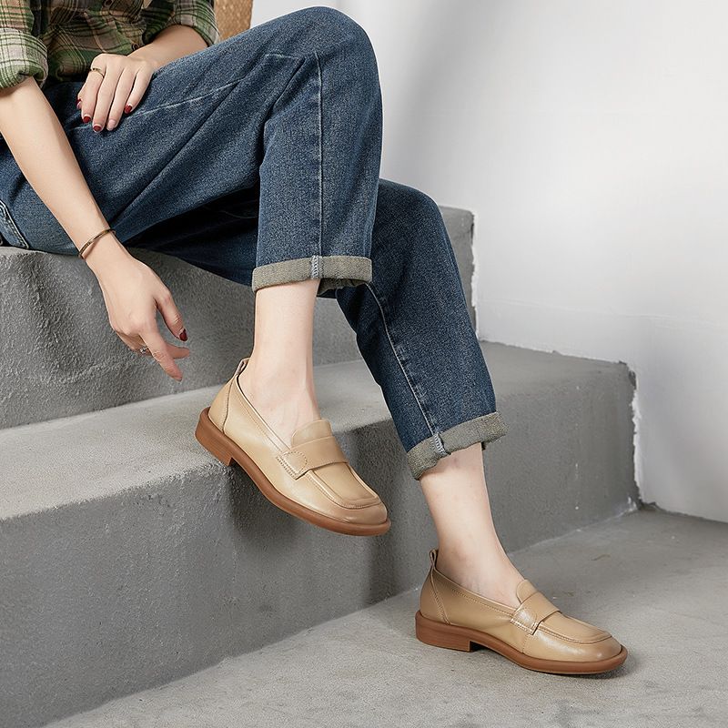 Genuine Leather Loafers For Women British Style Cowhide Slip-On Low Heel Soft Sole Comfortable Commuting Shoes_voghion.com