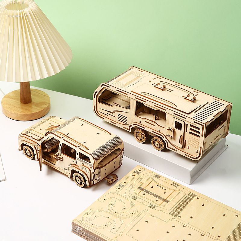 Wooden trailer RV puzzle handmade toys 3D wooden three-dimensional puzzle creative children's wooden toys_voghion.com