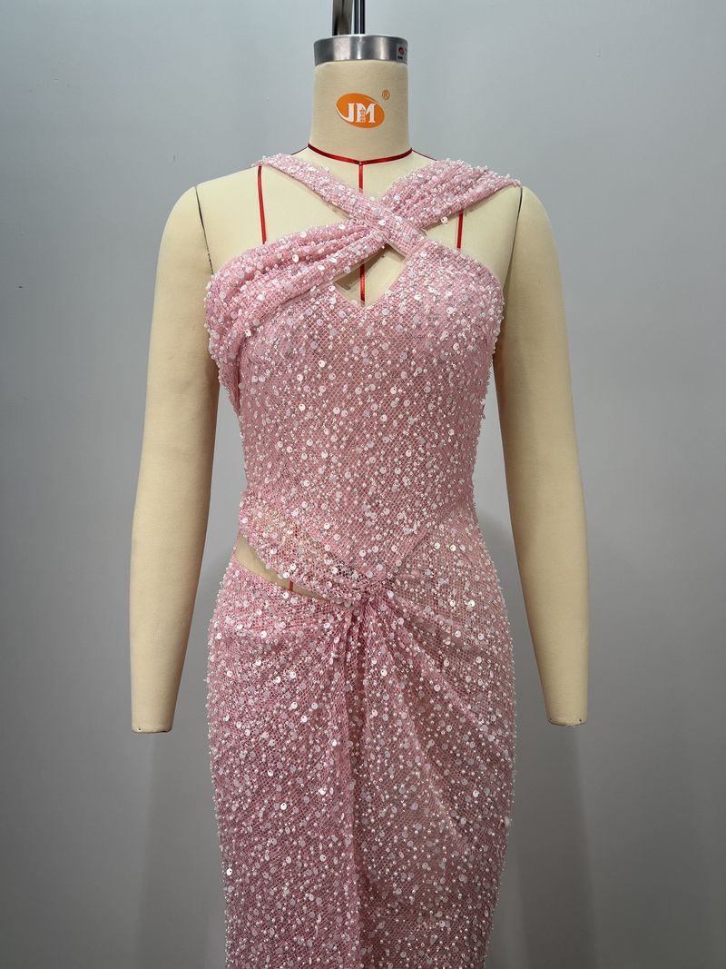 Robe sirène élégante à sequins et épaules dénudées pour femme – Robe de soirée moulante extensible avec décolleté perlé pour fêtes, rendez-vous et occasions spéciales_voghion.com