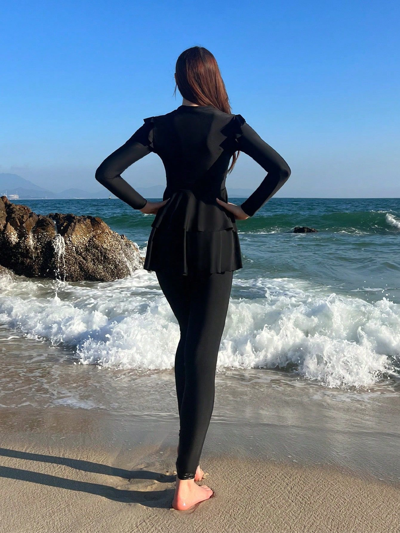Women's swimsuit split two-piece set ruffled long-sleeved trousers conservative flesh-covering swimsuit_voghion.com
